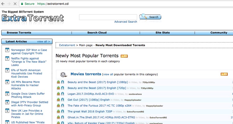 Extratorrent.cd screengrab from early Monday, May 22nd. Last week, the main extratorrent.cc site went dark.