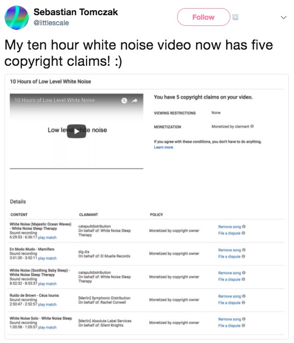 YouTube Video Containing Static Receives 5 Different Copyright Violations