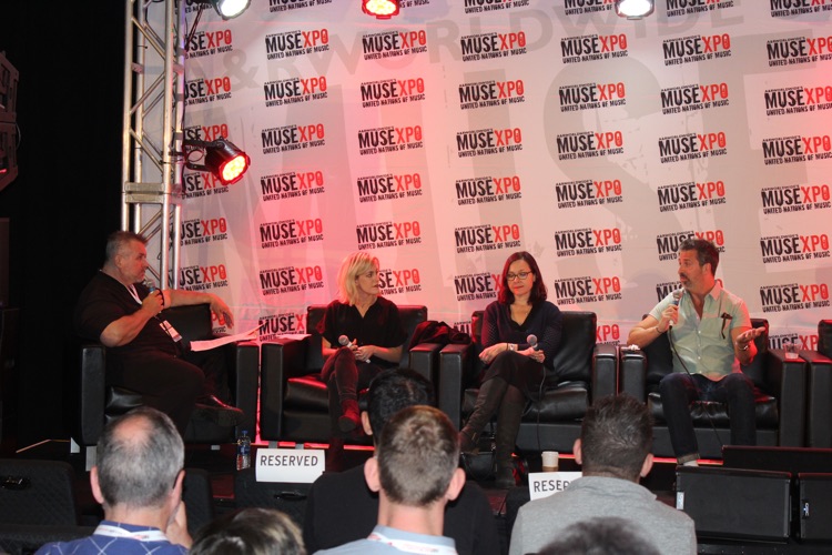 Music supervisors discuss the trade at Musexpo on Sunday. (l-r moderator Ritch Esra, Music Business Registry; Amanda Krieg Thomas (Neophonic); Alicen Schneider (NBCUniversal Television); Alex Hackford (Sony Interactive Entertainment America).
