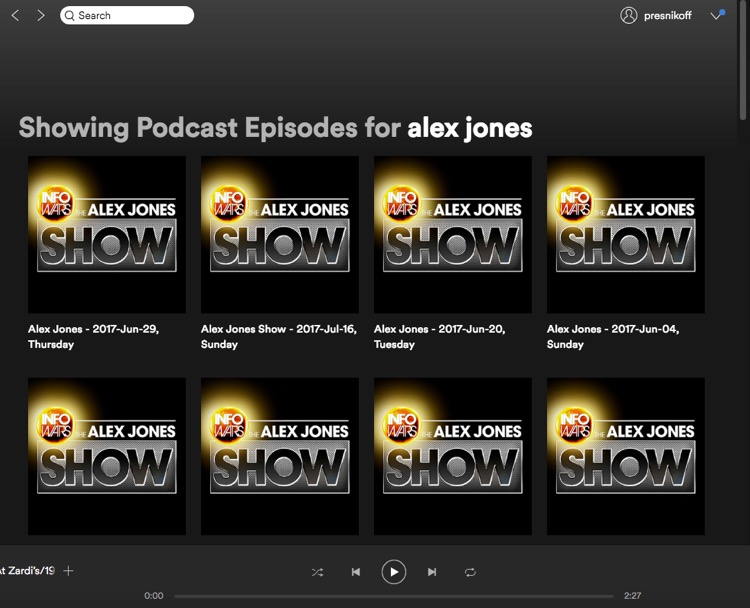 Alex Jones' InfoWars podcast on Spotify's platform, August 2nd.