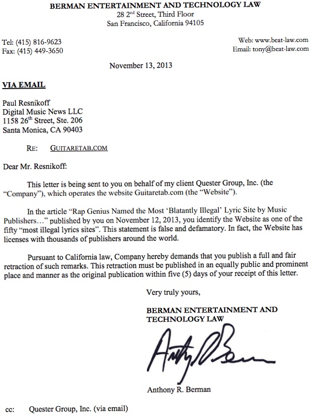 GuitareTab S Lawyer Threatens Digital Music News For Reporting