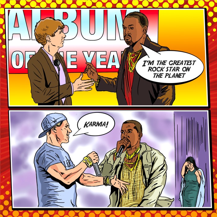 Kanye West experiences the bitter taste of Karma, after his headline Glastonbury slot is upstaged by prankster Lee Nelson.