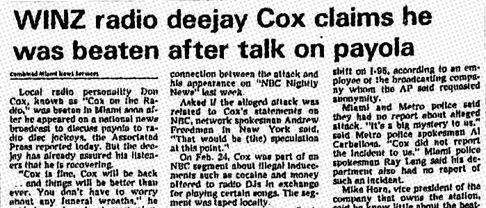A Miami News payola headline from March 5th, 1986.