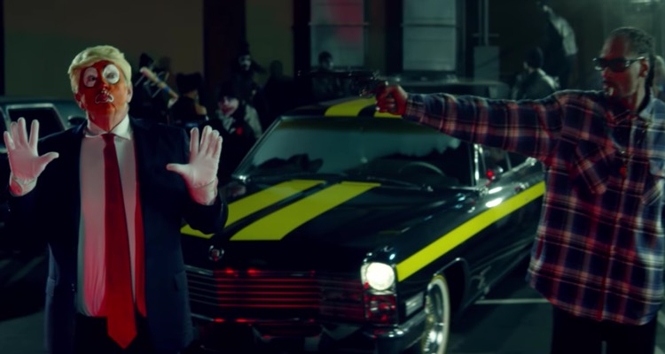 Screenshot from Snoop Dogg video, 'Lavender,' which includes a mock assassination of Donald Trump