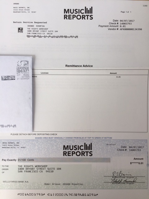 A $0.01 royalty statement for mechanical licenses from Microsoft Groove