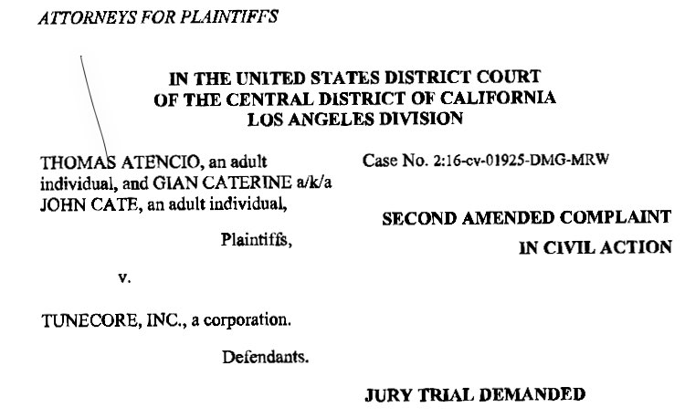 Pictured: top page of filing against Tunecore