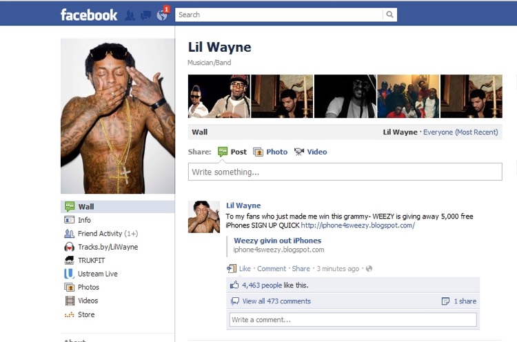 Lil Wayne Facebook page hacked