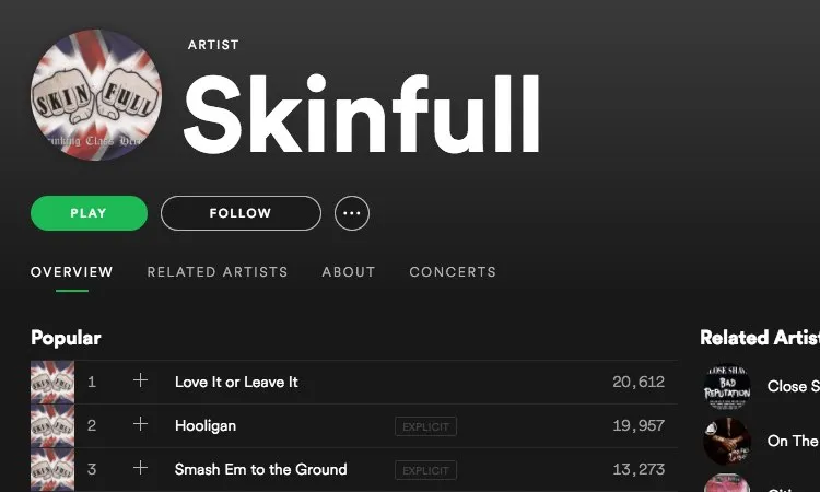 UK-based Skinfull on Spotify, one of several skinhead bands identified by the Southern Poverty Law Center.