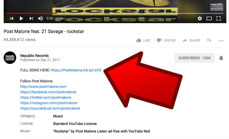 Screenshot of YouTube, 'Post Malone feat. 21 Savage - rockstar'