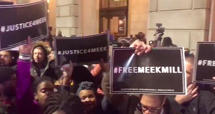 Protesters in Philadelphia demanding changes to Meek Mill's sentencing on November 13th.