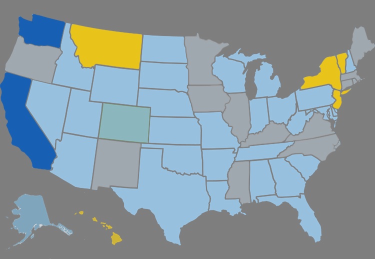 Governors in Montana, New Jersey, New York, Hawaii, and Vermont (yellow) have all issued Executive Orders enforcing net neutrality. California and Washington (dark blue) have net neutrality bills expected to become law; 117 municipalities in Colorado (green) have voted to allow taxpayer-funded ISPs; attorneys general in 22 states (gray, as well as multiple other colored states) have filed lawsuits against the FCC. 