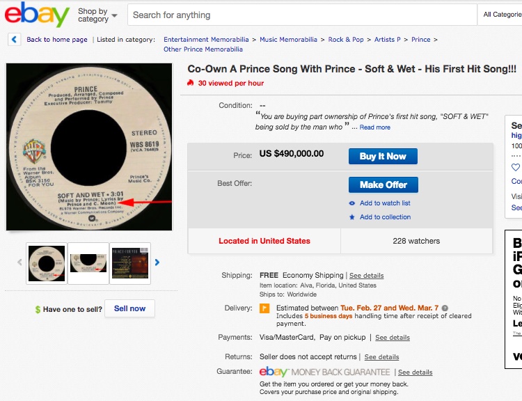 eBay listing for a piece of Prince's first single, 'Soft and Wet'