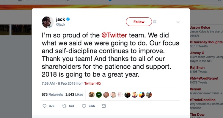 A self-congratulatory post from Twitter CEO Jack Dorsey.