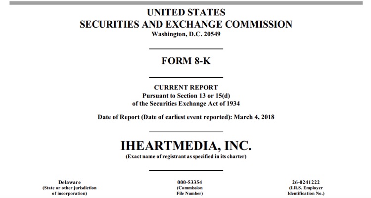 Forbearance Agreement filed by iHeartmedia, Inc., owner of iHeartradio, with the Securities & Exchange Commission (SEC) on Monday, March 5th. 