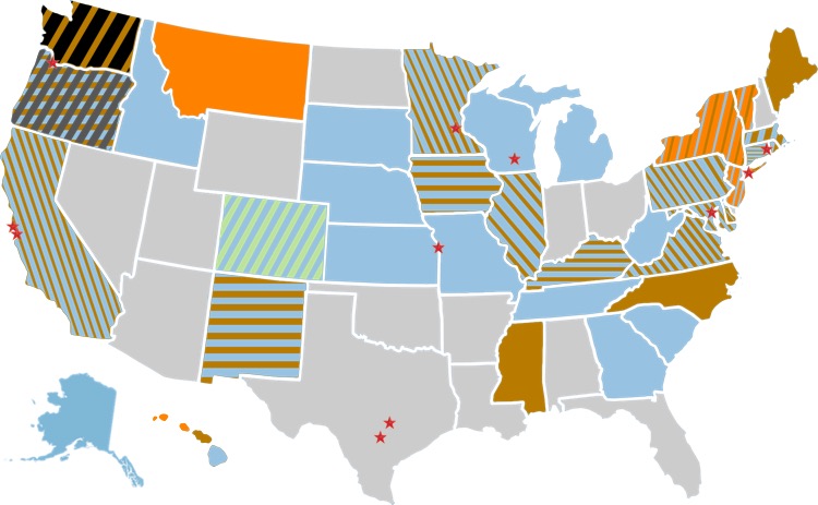 The net neutrality resistance. Black = state law passed protecting net neutrality; Orange = Executive Order signed by state governor to protect net neutrality; Dark Gray = net neutrality bill successfully passed both state legislative chambers; Blue = net neutrality bill introduced into legislature; Brown = state attorney general filing suit against the FCC; Green = 100+ municipalities have approved taxpayer-funded ISPs; Red Star = mayor is a member of Mayors for Net Neutrality Coalition; Light Gray = no state action.