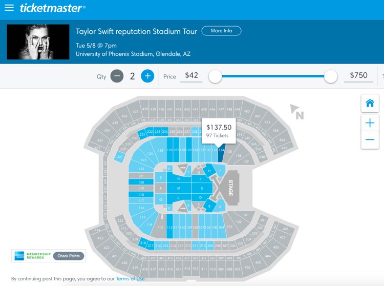 Ticketmaster.com showing wide availability at Taylor Swift's upcoming 'reputation' show in Phoenix on May 8th.