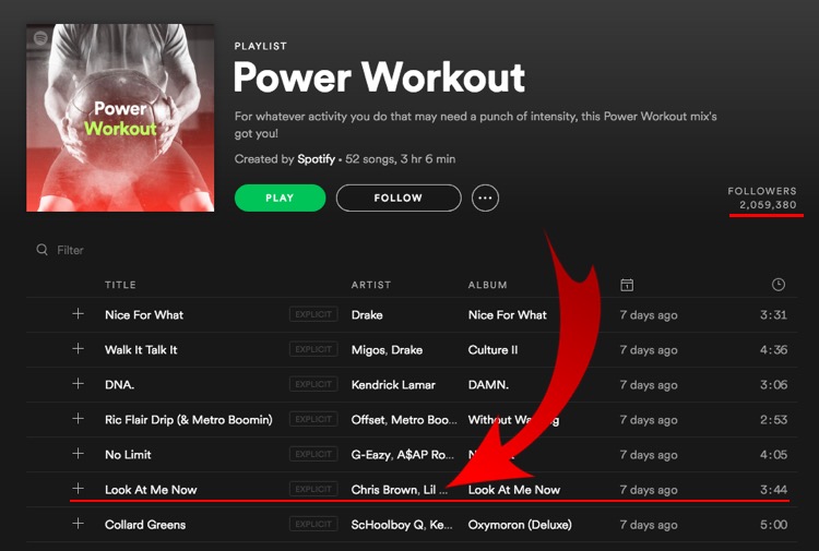 'Power Workout,' one of several highly-ranked playlists still featuring Chris Brown's music.