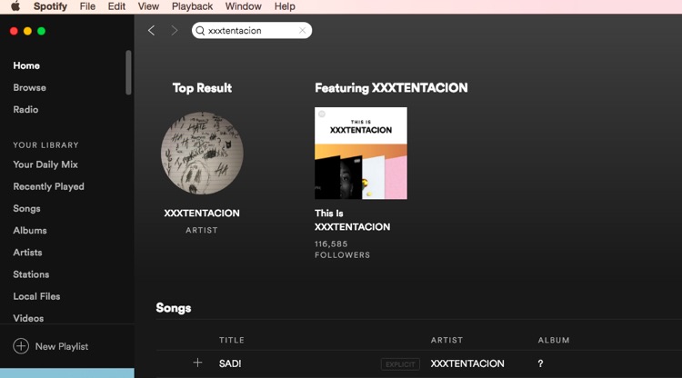 Screengrab of Spotify results for XXXTentacion, May 25th.