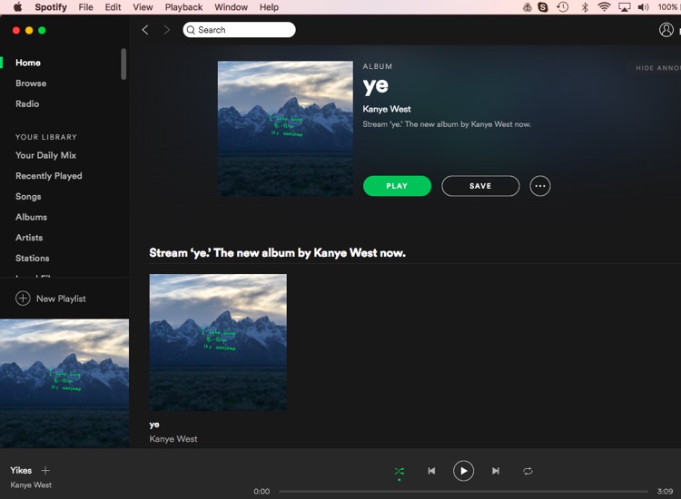 Spotify's homepage this morning: Kanye West's Ye, or Kanye West's Ye?