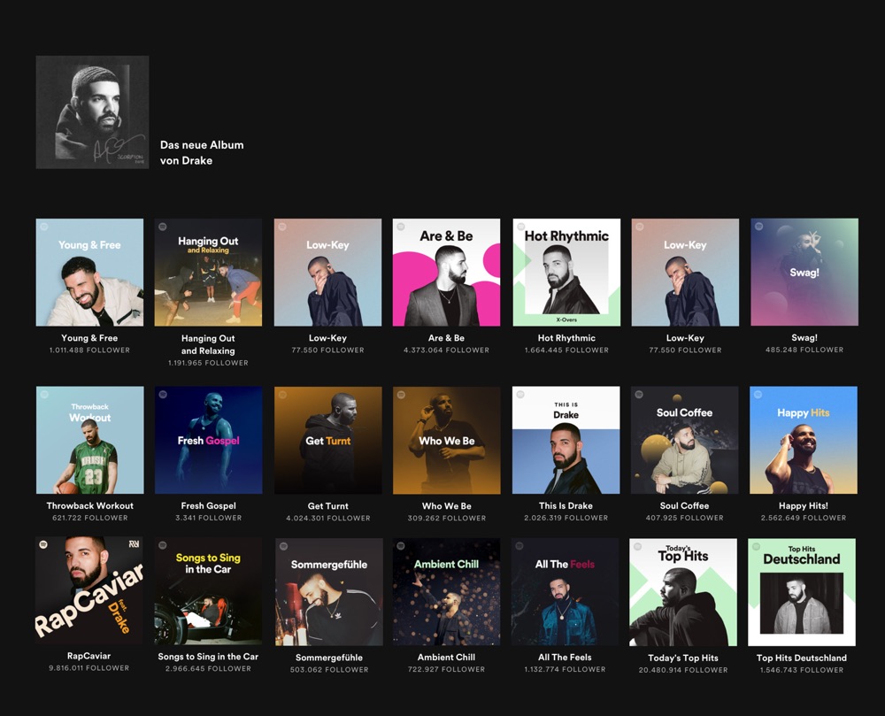 A small sampling of the Drake playlist takeovers happening on Spotify this past weekend. Fans are unhappy with the extreme marketing blitz.