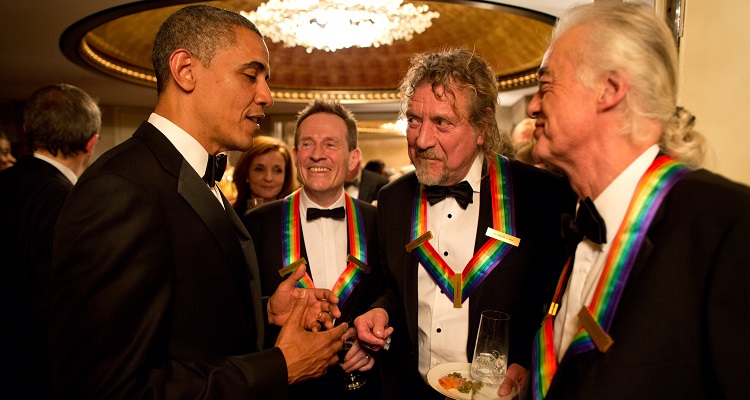 Barack Obama chats with Led Zeppelin after the group received Kennedy Center Honors in 2012.