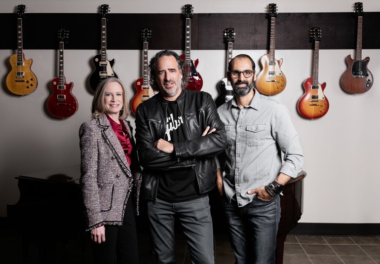 Gibson Guitar's post-bankruptcy leadership (l to r): Kim Mattoon (Chief Financial Officer); JC Curleigh (Chief Executive Officer); Cesar Gueikian, (Chief Merchant Officer) (photo: Gibson Brands, Inc.)