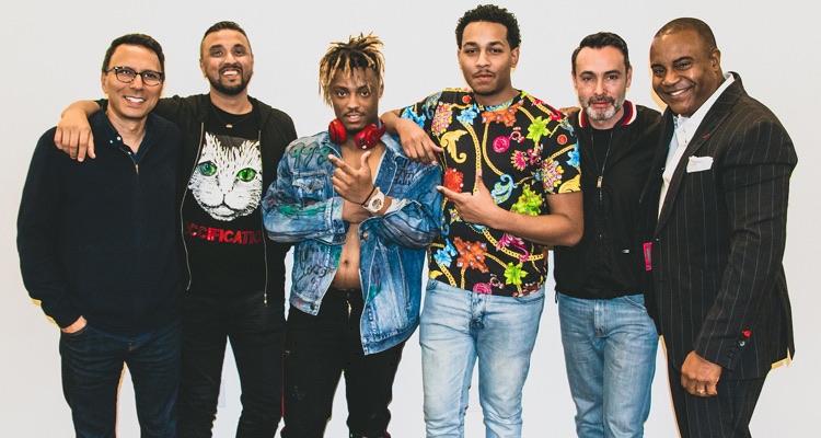 (l to r) Monti Olson, co-head A&R, Frontline Publishing, BMG US; Raj Jadeja, Senior Director, Creative, BMG US; Juice WRLD; George “G-Money” Dickinson, Grade A Productions; Zach Katz, President, Repertoire & Marketing, BMG US; Hector Baldonado, Attorney, The Baldonado Group/Sedlmayer & Associates