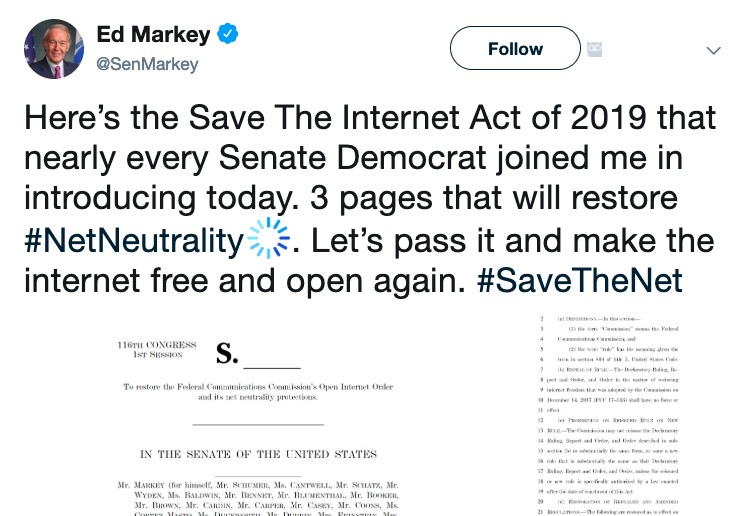 Senator Ed Markey Introduces a Net Neutrality restoration bill on Twitter.