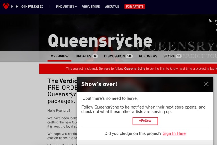 Queensrÿche's now-defunct PledgeMusic crowdfunding page.