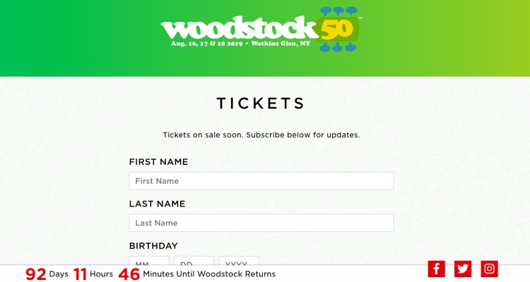 Woodstock 50's site on Wednesday night. Tickets are still unavailable, less than 100 days out.