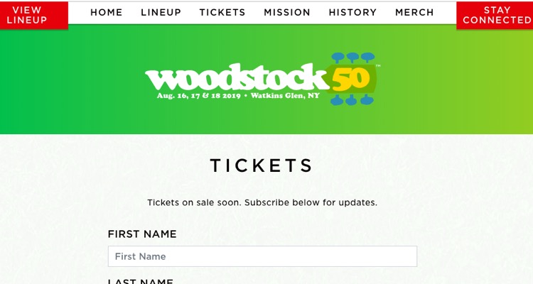 Woodstock 50's site on May 9th. Less than 100 days out, tickets are still unavailable for purchase.