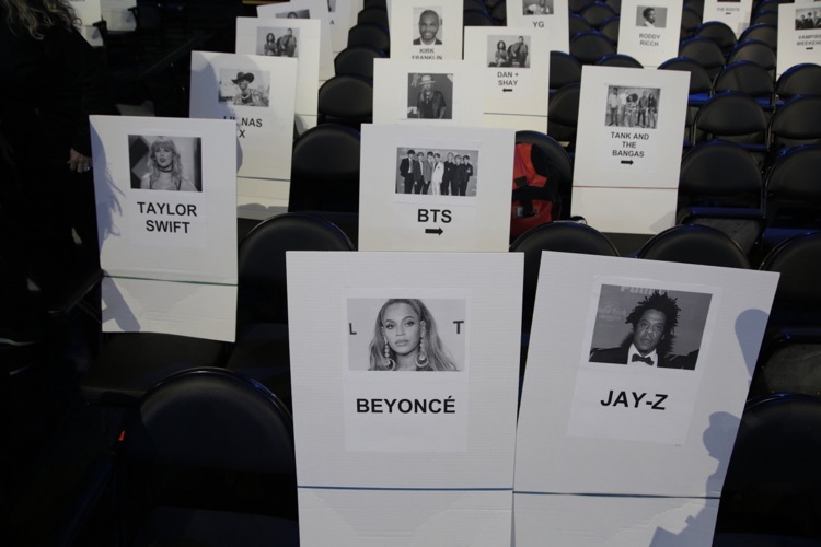 Original Grammys 2020 seating chart showing prominent positions for Beyoncé, Jay-Z, and Taylor Swift.
