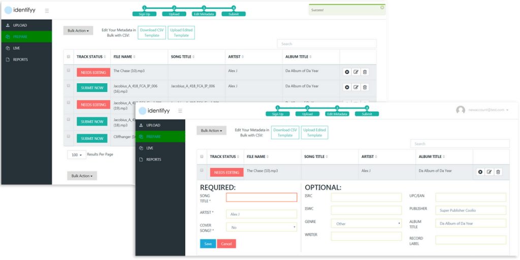 Identifyy's metadata submission interface.