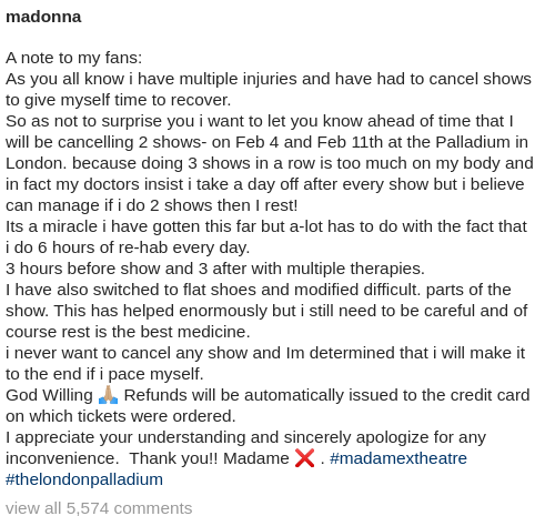 Madonna cancels London Shows Instagram Post