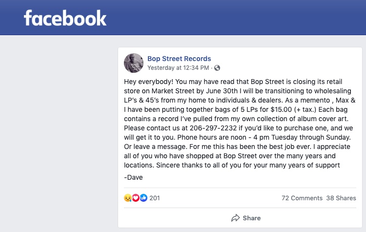 Bleak news from record store Bop Street Records, which is now closing its doors because of COVID-19 shutdowns.