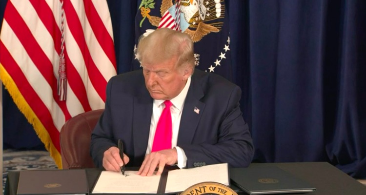 Trump signing multiple emergency executive orders granting federal stimulus assistance, extensions of eviction moratoriums, and other stimulus benefits. 