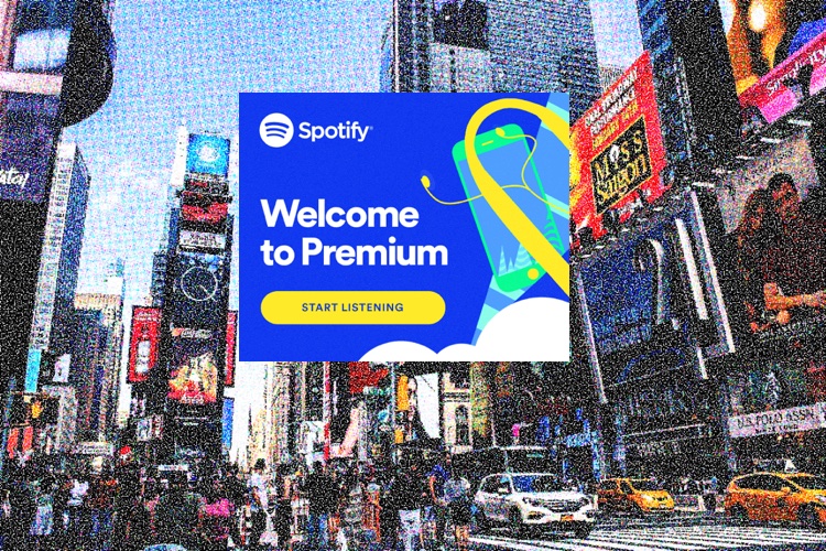 Spotify Premium podcast ads. Times Square photo by Wallula, adapted by Digital Music News.