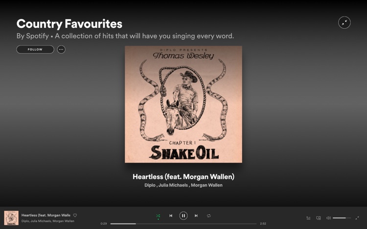 Diplo's Heartless (featuring Morgan Wallen) on Spotify playlist 'Country Favourites,' March 2nd, 2021