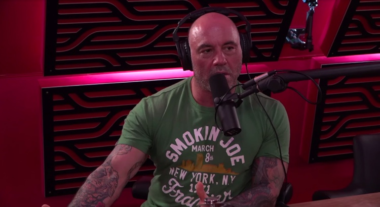 Joe Rogan conduct a podcast interview with guest Jim Breuer, March 19th, 2021 (photo: Digital Music News) 