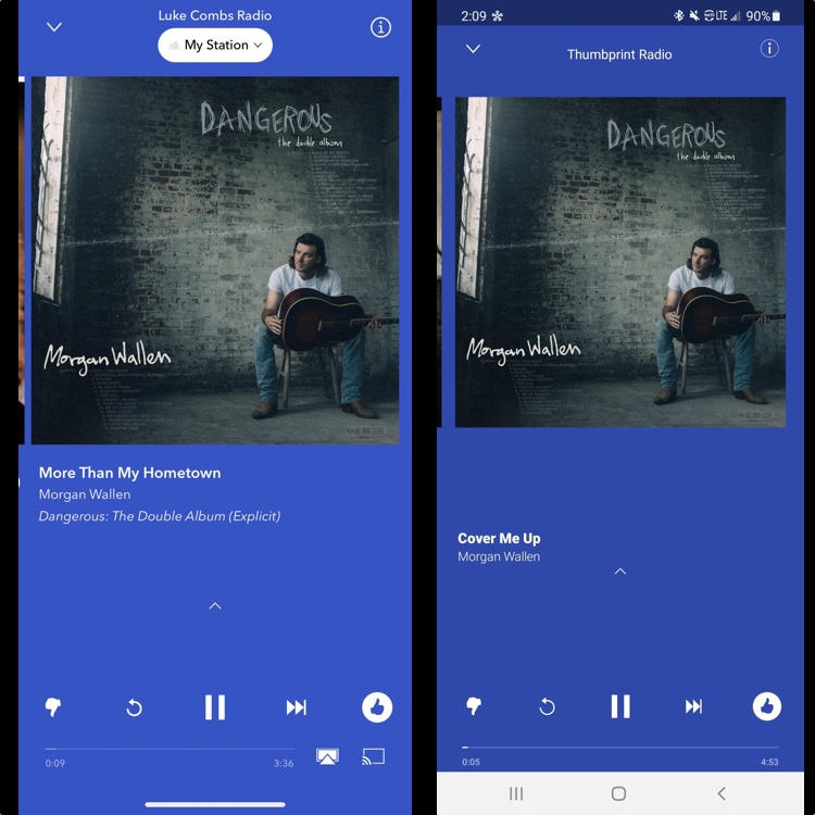 Screenshots of Morgan Wallen being played on Pandora accounts on Friday, May 14th.