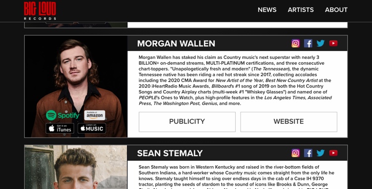 Screenshot of the Big Loud artist page, which now includes Morgan Wallen