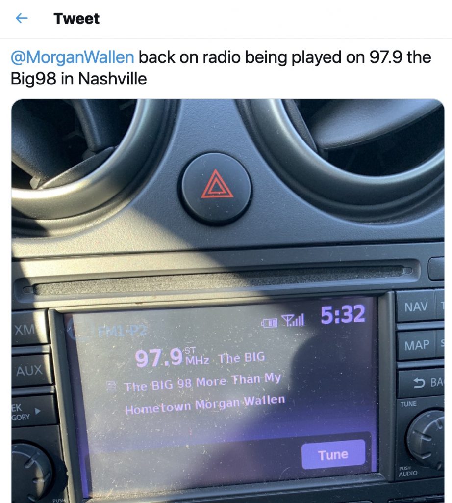 An in-dash screengrab of Morgan Wallen recently being played on country radio station Big98 in Nashville