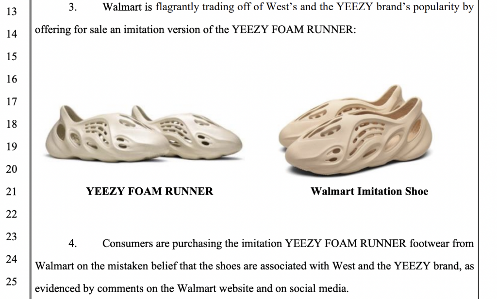 Court filing shows a side-by-side comparison of Yeezy's Foam Runners and knock-offs available on Walmart's site.