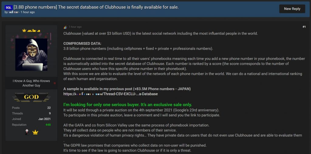 Clubhouse phone number database for sale
