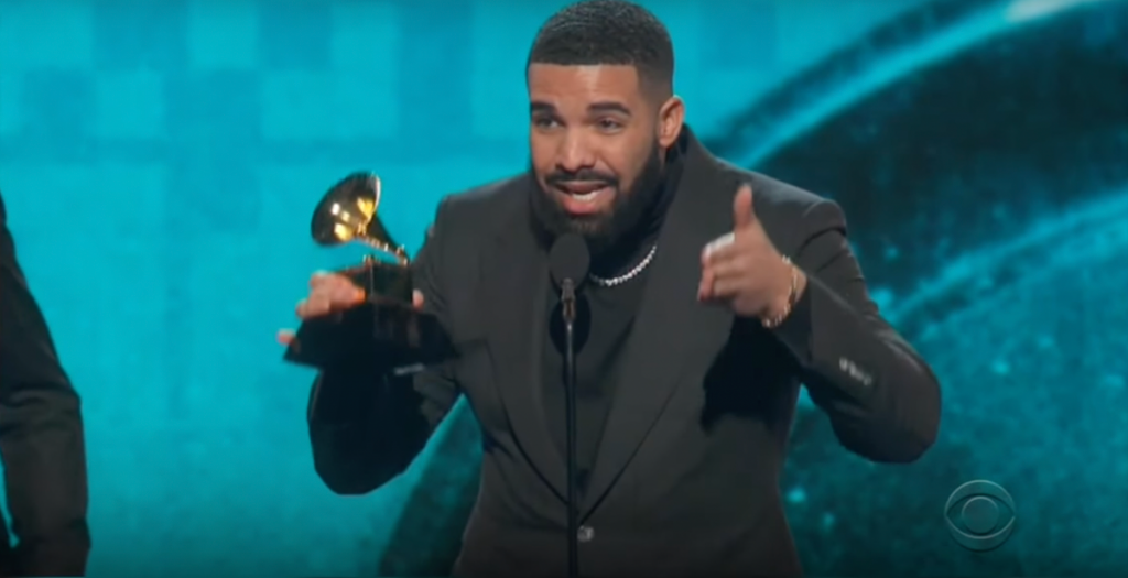 Drake before being cut during his speech at the 2019 Grammy Awards.