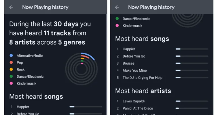 Google Pixel Now Playing detailed music history summary