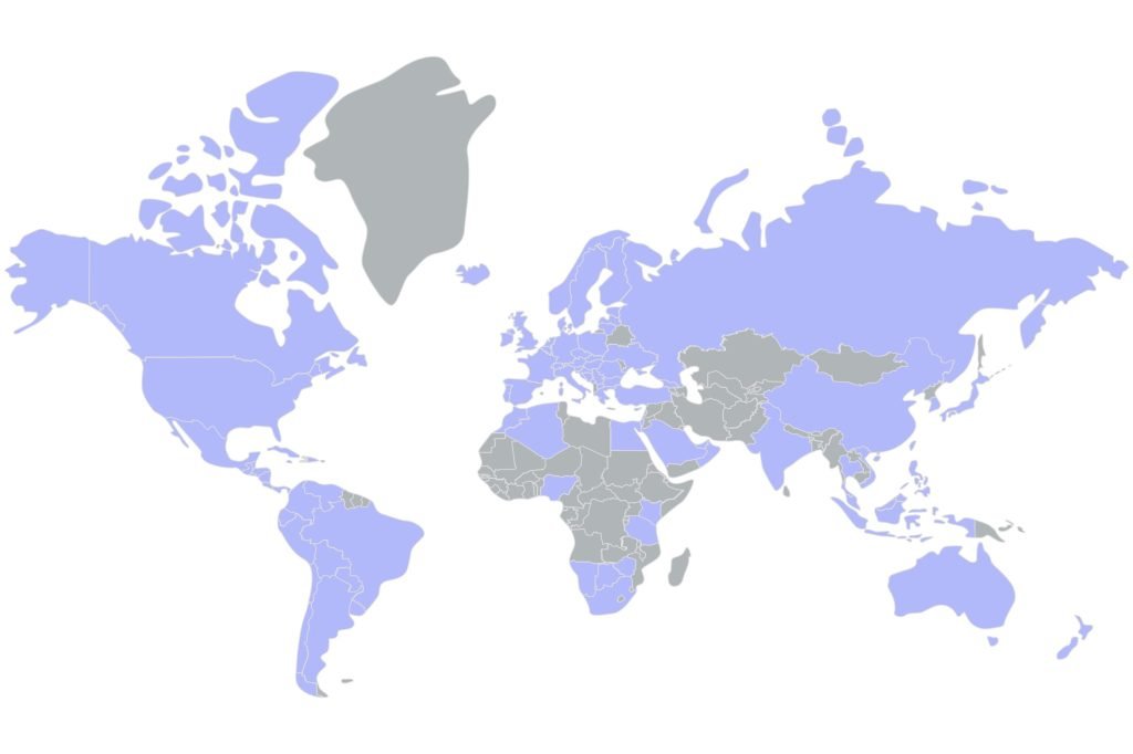 PlayMPE’s global footprint (active countries in purple) as of 2023.