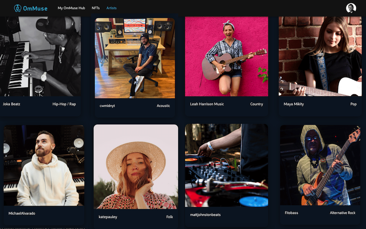 To keep the interface clean, OmMuse dashboard leads to only three tabs: My OmMuse Hub, Explore, and Artists.