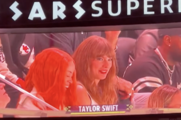 Taylor Swift and Ice Spice (left) laugh off a chorus of boos at the Louisiana Superdome during Super Bowl LIX (photo: Digital Music News)