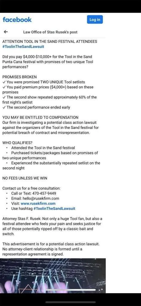 Tool Live in the Sand potential class action